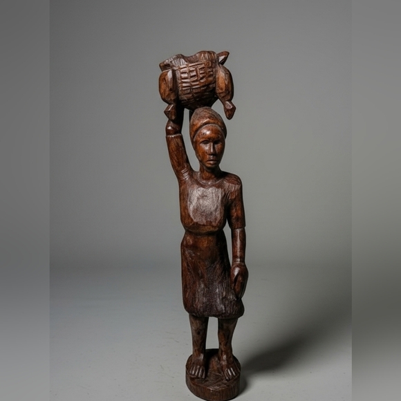 Handmade Other - African Sculpture Tribal Woman Basket on Head Wood Carving 27"
